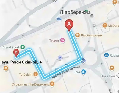 Карта проїзду до медичного центру ГинУльтраМед від метро Лівобережна